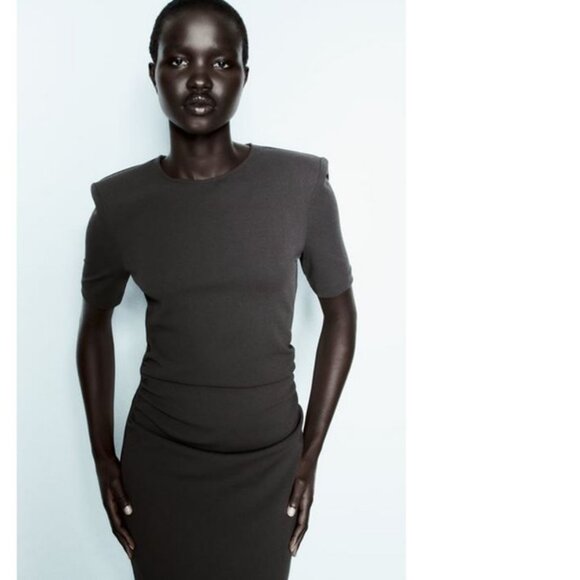 Zara Slate Brown Ruched Waist Short Sleeves Midi Dress, NWT, M - Picture 4 of 16